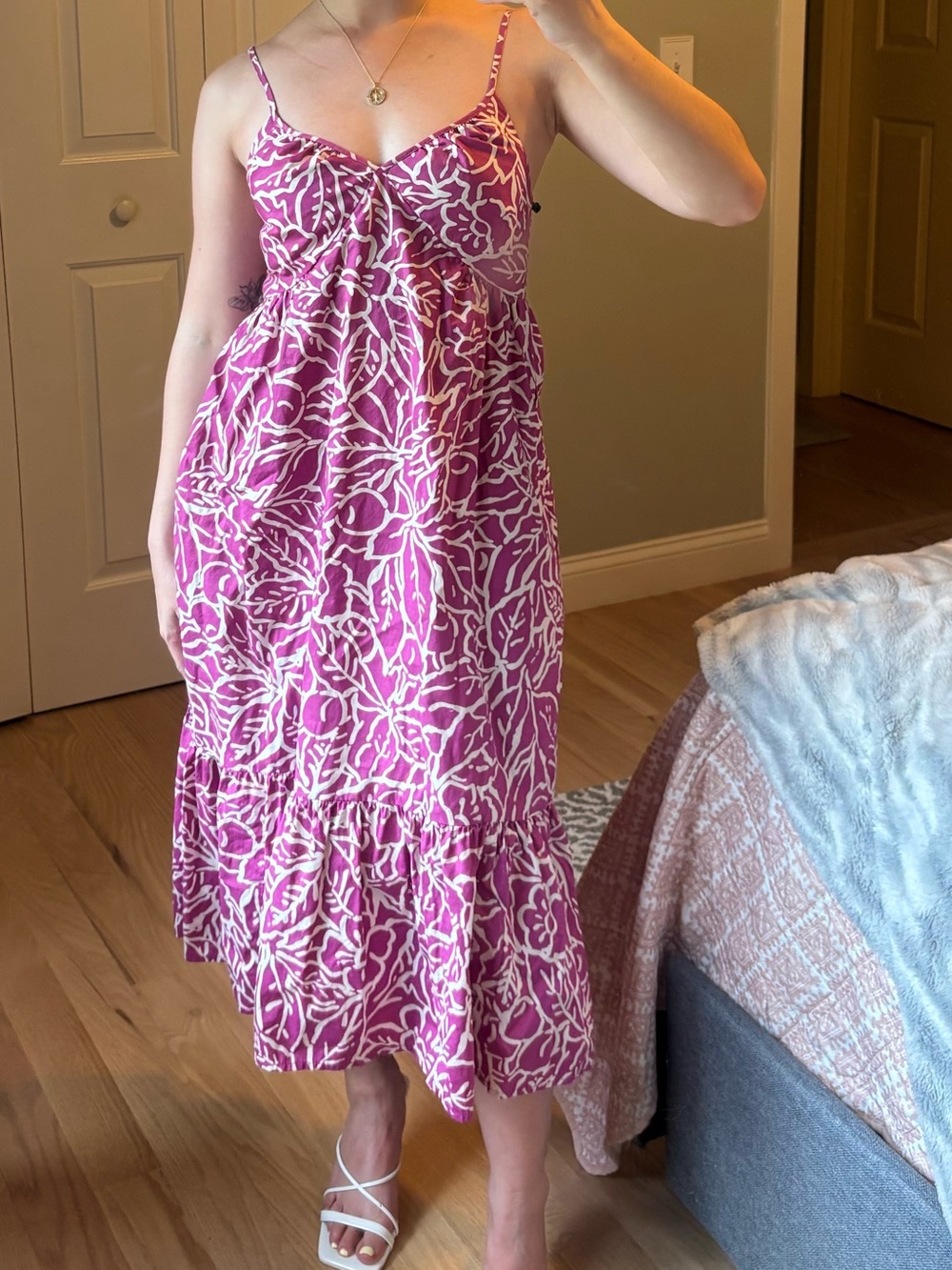 Women’s Pink Floral Midi Dress with Spaghetti Straps